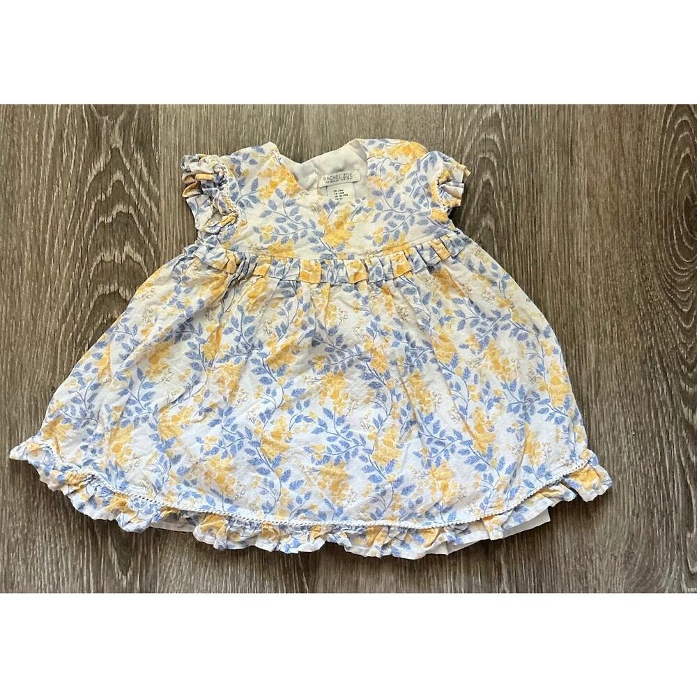 Rachel Zoe Yellow Blue Floral Ruffle Baby Dress Snap Button Short Sleeve‎ Sz 24M